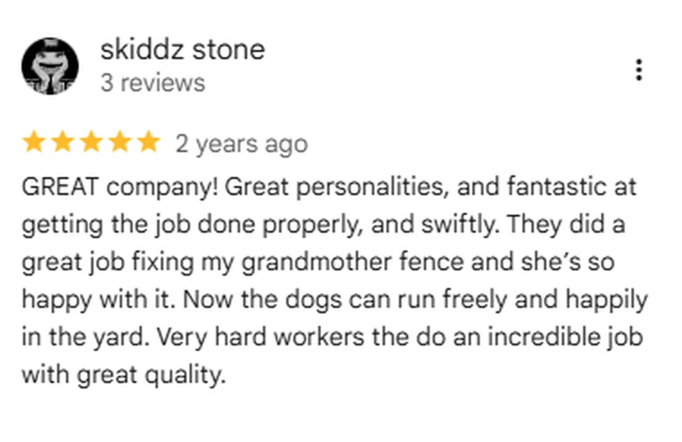 Google review screenshot from skiddz stone rating Anderson Fence Company five stars