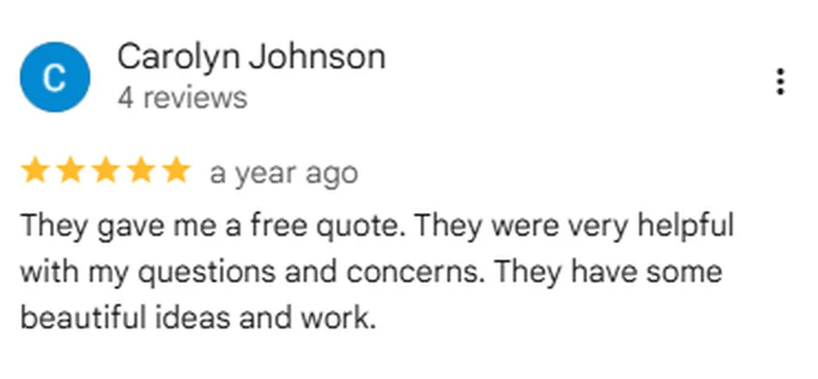 Google review screenshot from Carolyn Johnson rating Anderson Fence Company five stars