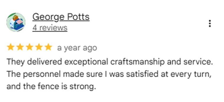 Google review screenshot from George Potts rating Anderson Fence Company five stars