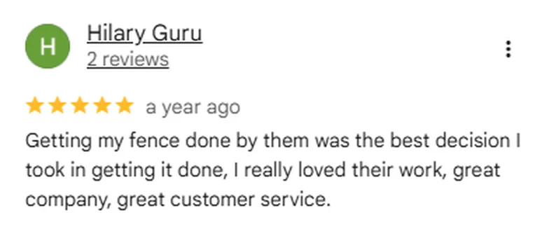 Google review screenshot from Hilary Guru rating Anderson Fence Company five stars