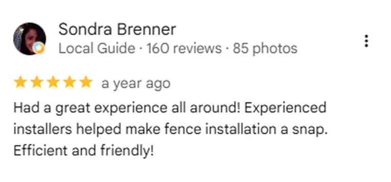 Google review screenshot from Sondra Brenner rating Anderson Fence Company five stars