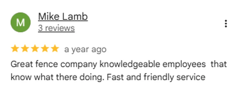 Google review screenshot from Mike Lamb rating Anderson Fence Company five stars