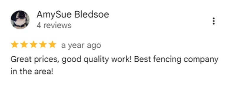 Google review screenshot from AmySue Bledsoe rating Anderson Fence Company five stars