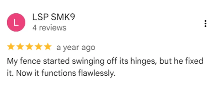 Google review screenshot from LSP SMK9 rating Anderson Fence Company five stars
