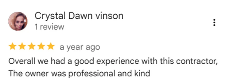Google review screenshot from Crystal Dawn vinson rating Anderson Fence Company five stars
